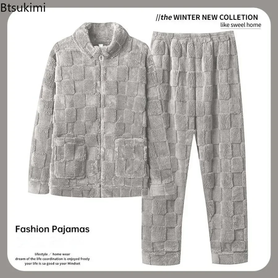 2026 Men's Flannel Long Sleeve Pajama Sets Autumn Winter Fashion Coral Fleece Soft Warm Sleepwear 2 Pieces Male Lounge Home Suit