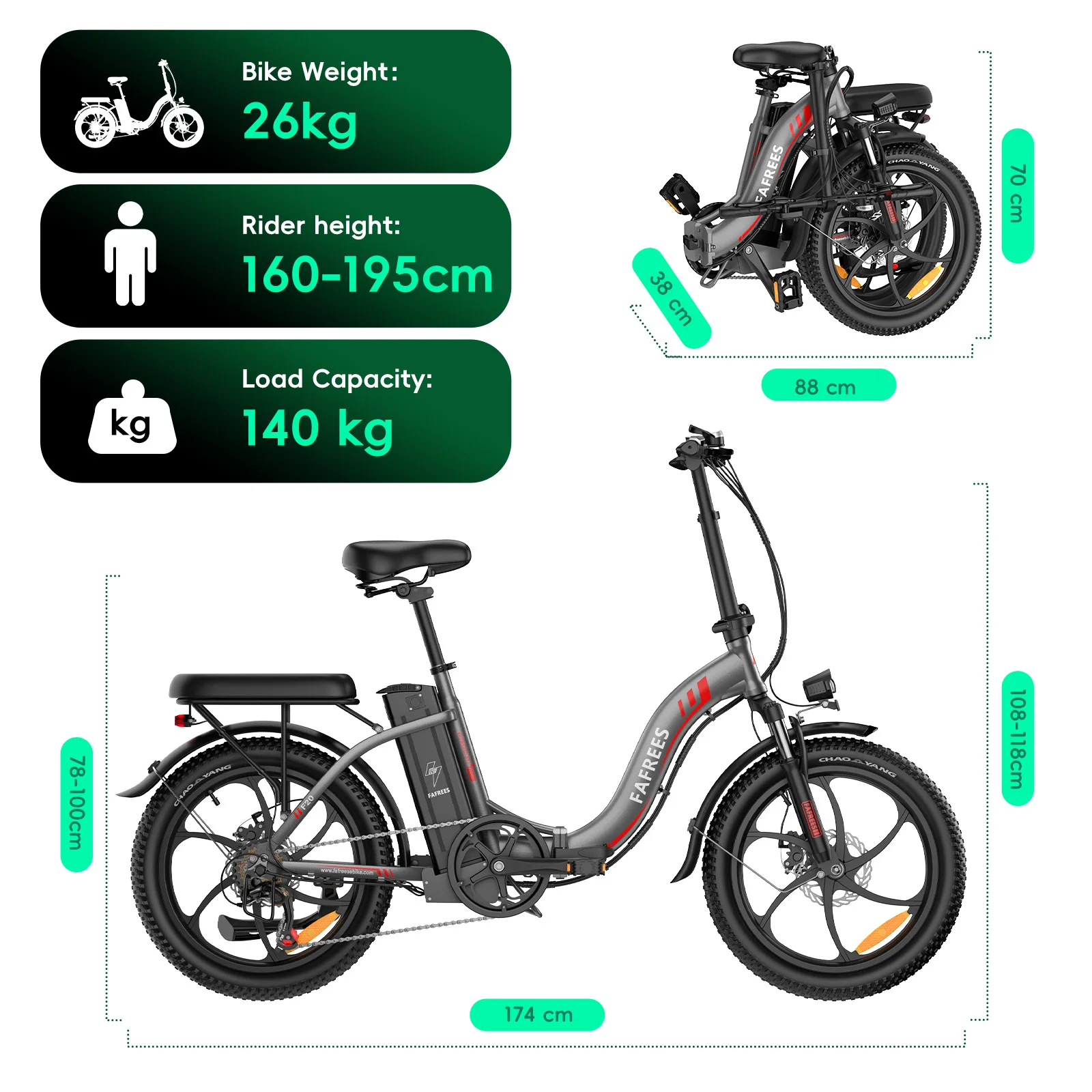 Fafrees F20 E-bike Mountainbike Mit 36V 18Ah Abnehmbarem Akku, 20 Zoll Klapprad Elektrofahrrad für Erwachsene, 7-Gang, 25 km/h und Reichweite bis 90km – Detail 11