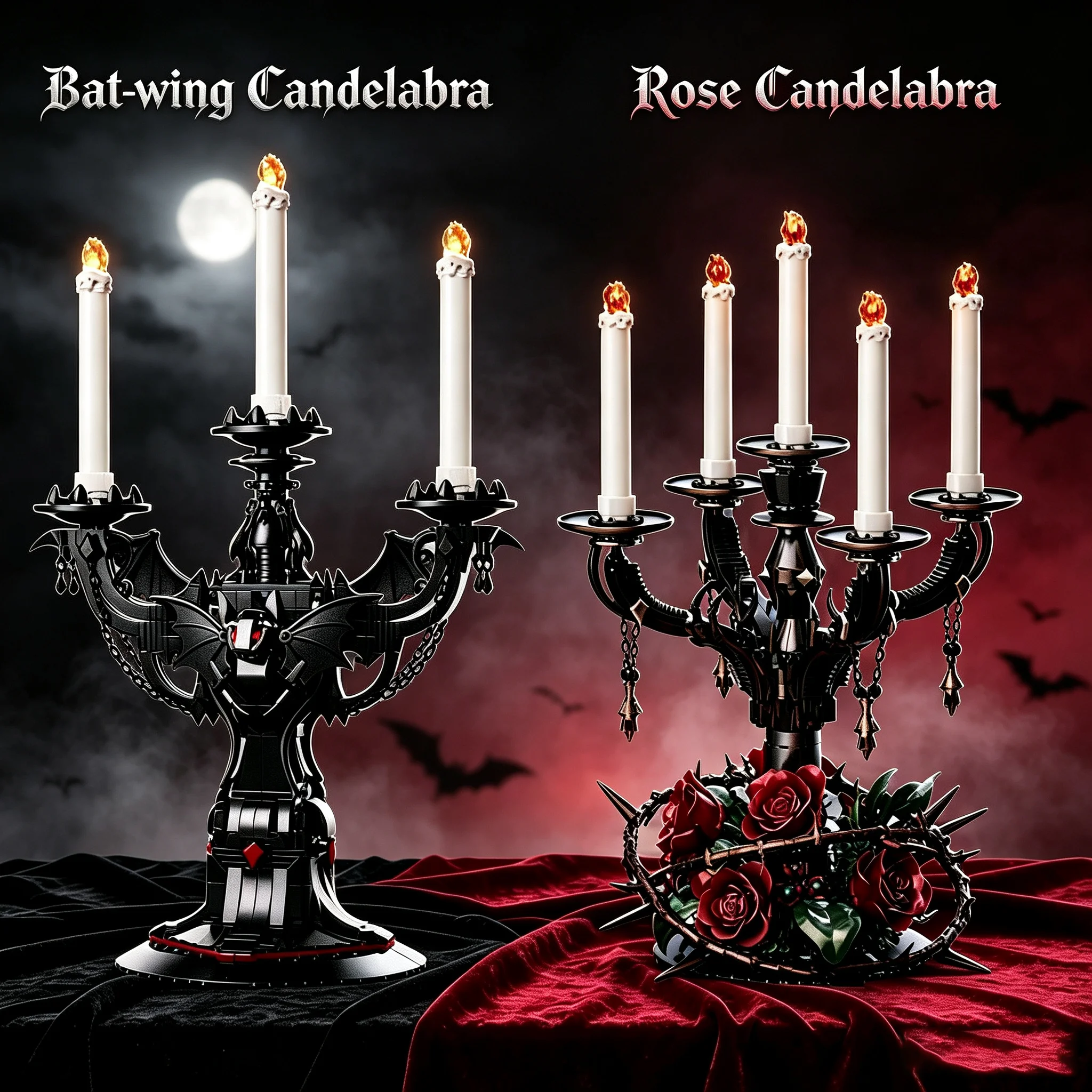 Gothic Candelabra Building Blocks Set Bat‑Wing & Rose Thorn Candle Holder With LED Light Bricks Model Gift for Adults Collectors