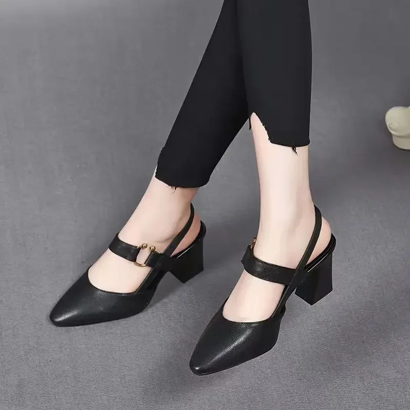 Sandals for Woman Summer 2024 High Heels One Word Women\'s Shoes Leather Pointed Toe Buckles Thick Heel Medium Footwear Comfort F