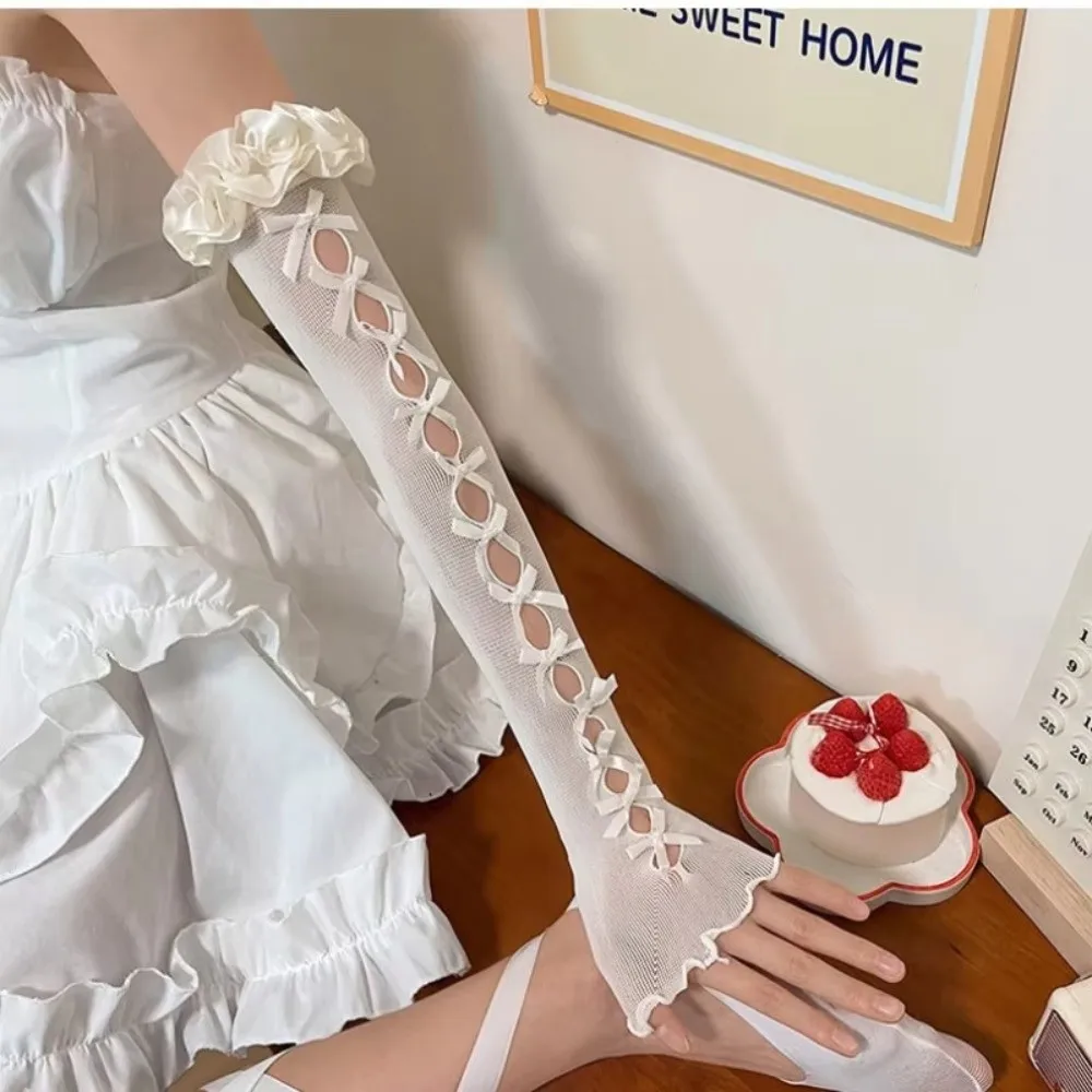 Sweety Lace Mesh Fingerless Long Gloves Thin Elastic Arm Sleeves Hollow Out Bow Decoration Lace Gloves For Women Summer