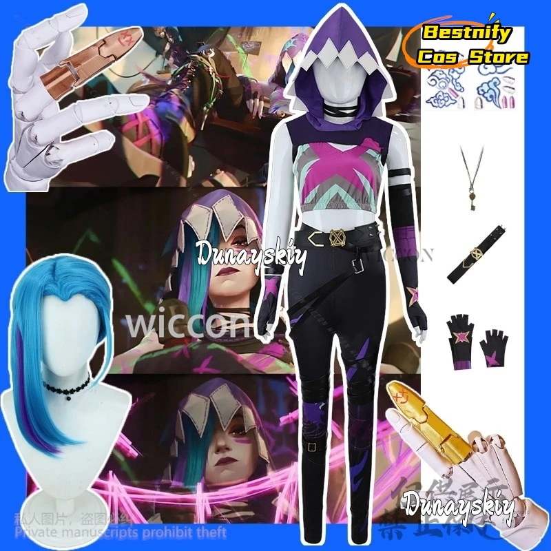 Anime 2 Arcane Cosplay Game LoL Jinx Costume Wigs Hat Uniform Cloak 3D Finger Props Set For Halloween Christmas Girls Customized