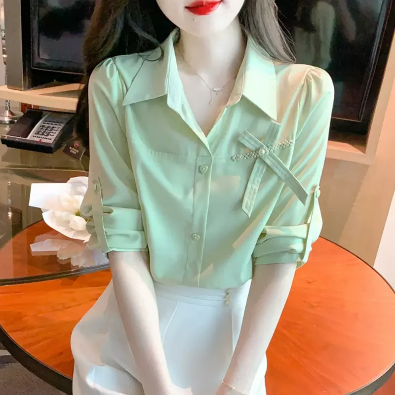 

Long Sleeve Shirts Womens Chiffon Polka Dot Tops Lantern Sleeves Slim Fit Button Front Feminine Style Elegant Spring Wear