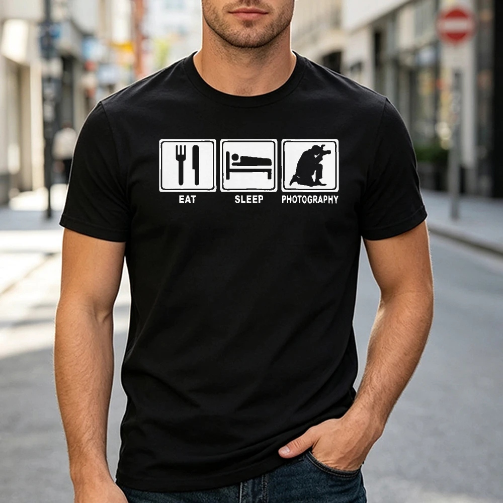 Eat Sleep Photography Simple Icon Graphic T Shirt Men Photographer Hobby Lover Summer Short Sleeve Tee Men Clothing