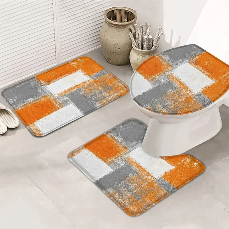 Bathroom Rugs Mat Sets 3 Piece Orange Grey Buffalo Plaid Bathroom Decor Mat Set with Non-Slip Rug Toilet Lid Cover and Bath Mat