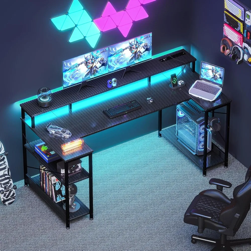 

55 Inch Gaming Desk with LED Lights and Power Outlet, U-Shaped Computer Desk with Monitor Stand and Storage Shelves,
