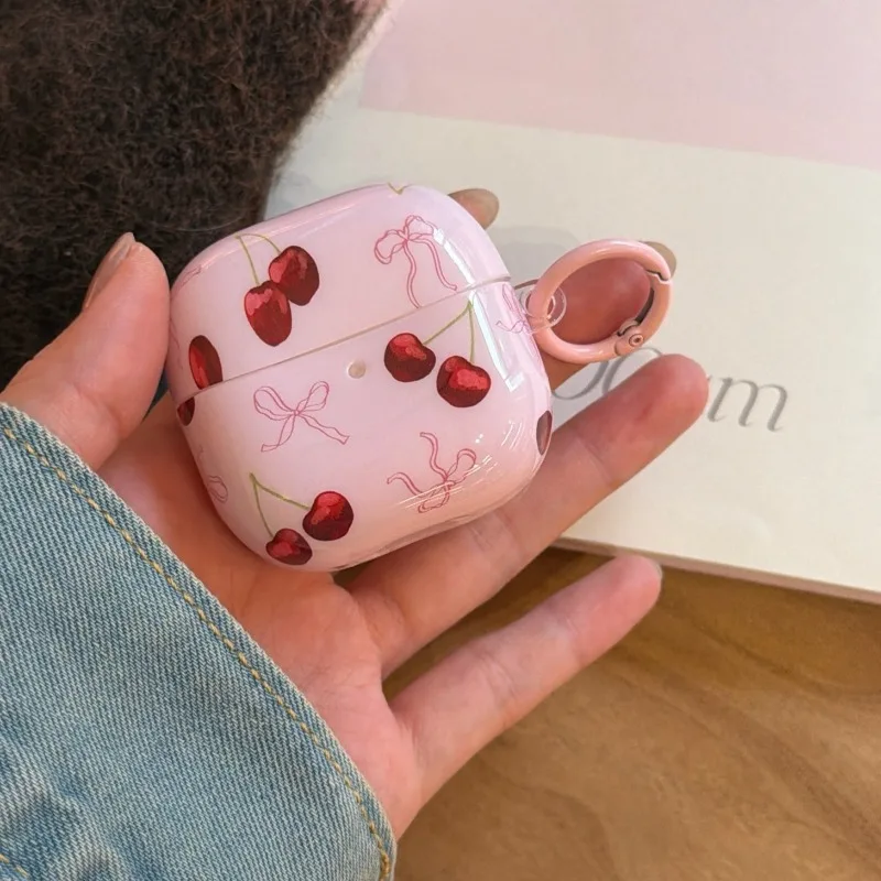 

Ins Pink Bow Cherry Case for Samsung Galaxy Buds Core 3Pro 2Pro Live FE Wireless Bluetooth Headphone Cover Funda with Pendant