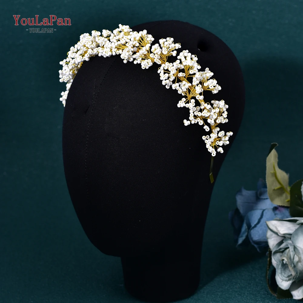 Youlapan-女性のためのビーズの花のティアラ、ヘアフープの装飾品、手作りのパールヘッドバンド、ゴールドカラー、エレガントなウェディング、hp655