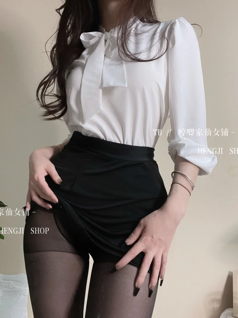 women's Spring summer sexy secretary seductive flirting passion wrap buttocks short skirt bow tie solid color shirt set 0UJ4