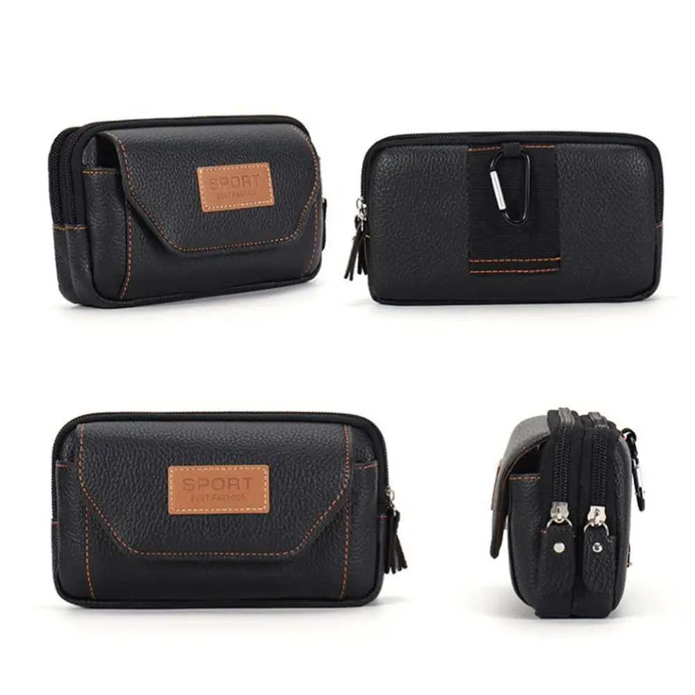 Durable PU Leather Man Belt Pouch 6.5inch Multiple Layers Phone Waist Bag Universal Modern Phone Case Outdoor Camping