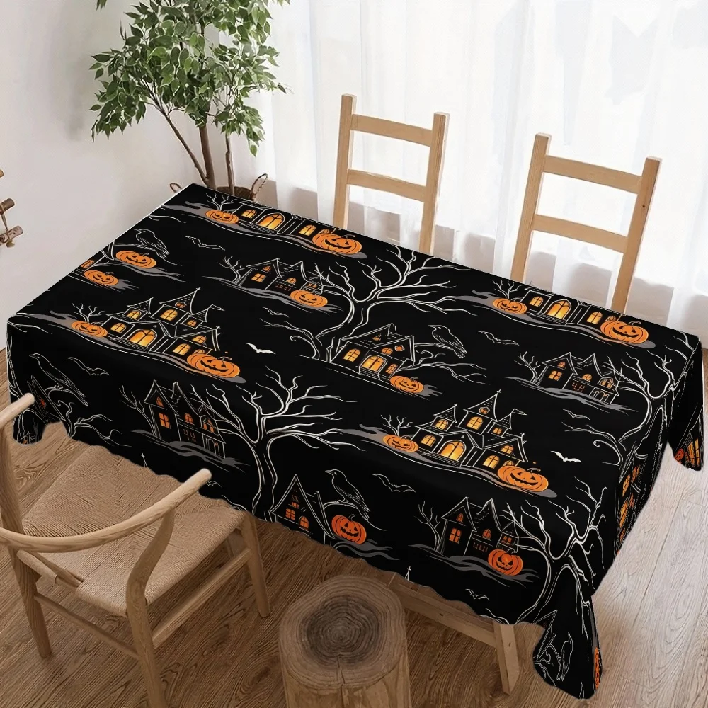 Halloween Rectangle Table Cloth Haunted House Pumpkin Crow Bare Tree Bat Table Cover for Holiday Party Halloween Table Decor