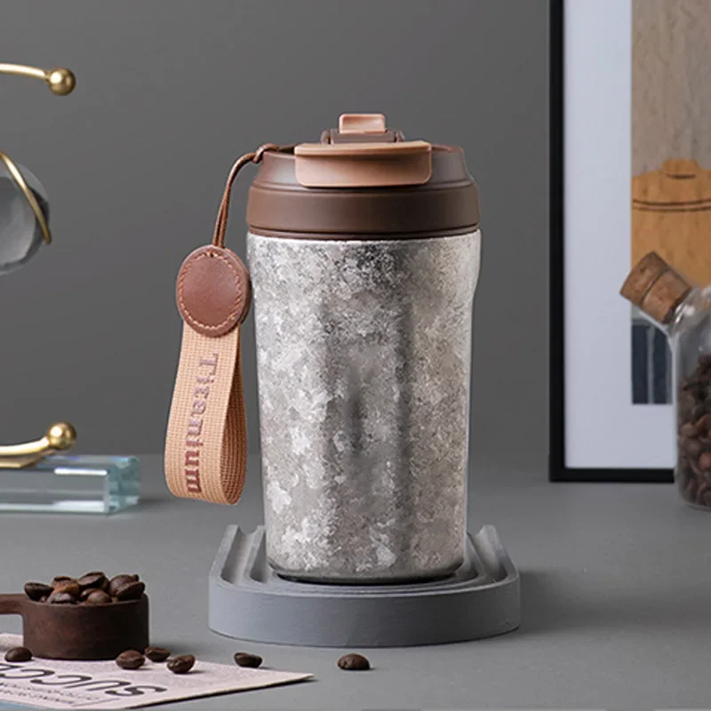 420ml Pure Titanium Coffee Thermos Cup With Rope,Handy Double Layer Vacuum Flasks,High-grade Holiday Gifts,Water Bottle,Car Mug