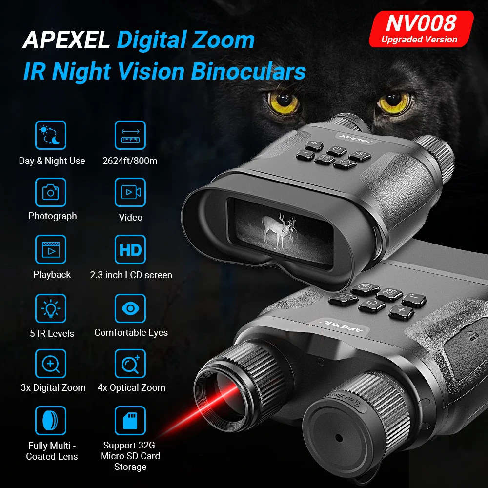 

APEXEL 3X-12X Zoom 4K Night Vision Binoculars, Portable Dual-Tube Scope for Hunting, Video & Photo, Day/Night Use (No SD Card)