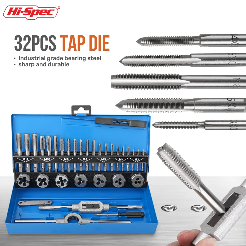 Hi-Spec 32 PCS M3-M12 Tap and Die Set Metric Wrench Cut Hand Threading Tool Tungsten Carbide Tap Die Screw Thread Making Tool