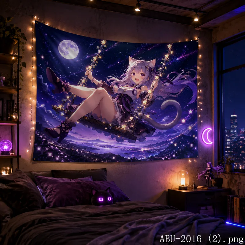 VIKAMA Purple Galaxy Cat Girl Tapestry Moon Star Swing Night Sky Wall Hanging Kawaii Anime Girls Bedroom Dorm Aesthetic Decor