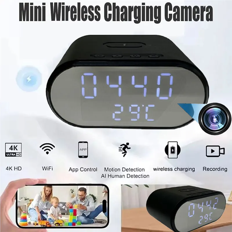 4K HD WiFi6 Camera Wireless Charger Mini Smart Alarm Clock Cameras Remote Viewing Display Temperature Camcorders Baby Nanny Cam