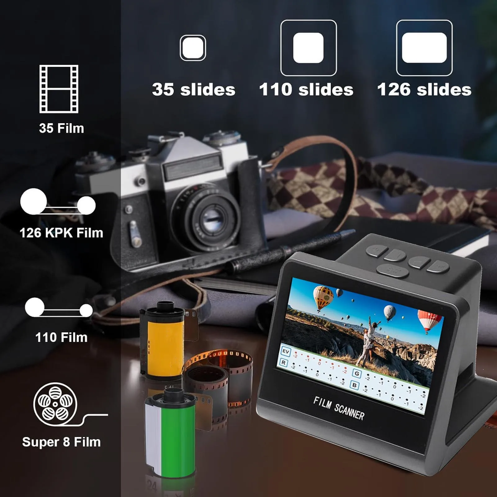 Film Scanner Digital 22MP 5in LCD Screen 16GB Memory Convert Black Negative Monochrome Slides Into JPEG Photos