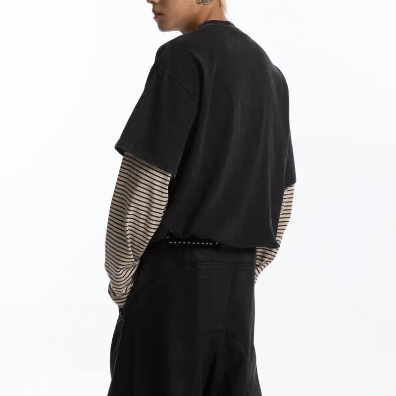 النمط الياباني ريترو فانتوم تي شيرت مطبوع الرجال وهمية قطعتين شريطية طويلة الأكمام البلوز تي شيرت للجنسين فضفاض الهيب هوب القمم