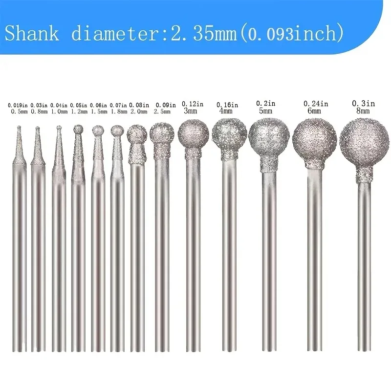 Ball Round Diamond Burr Grinding Bits With Shank Ball Shape Polishing Head For Carving Dremel Rotary Tools Precision Grinding