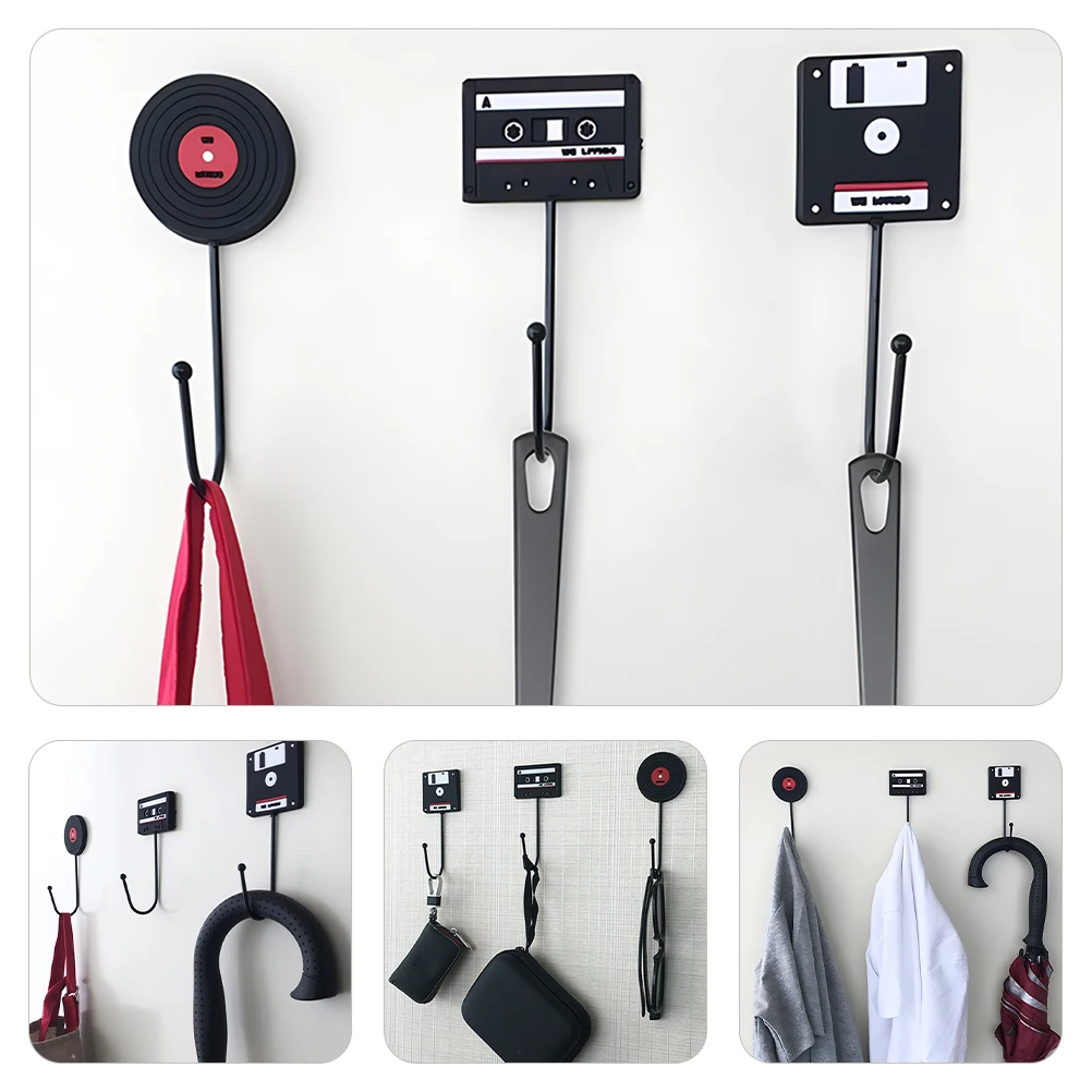 

3 Pcs Retro Vinyl Cassette Disk Hooks Black Wall Mount Adhesive Home Decor Key Hanger Kitchen Storage Bathroom Towel Rack