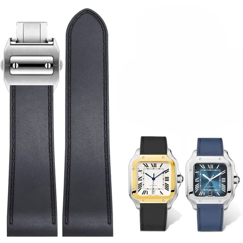 For Cartier Large Santos Sandoz Santos 100 silicone Watchband waterproof Men‘s Rubber watch strap accessories 23mm 25mm Bracelet