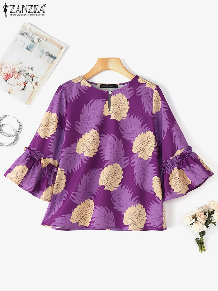 

ZANZEA Vintage Women Printed Ruffled Blouse Summer 3/4 Sleeve Fashion Tops 2025 Casual Loose Shirts Bohemian Blusas Femininas