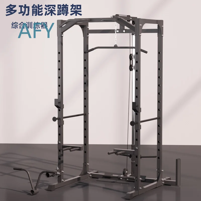 Multi-Functional Power Rack for Home Gym with Squat Stand Pull-Up Bar Dip Station Lat Pulldown Attachment and Barbell Storage