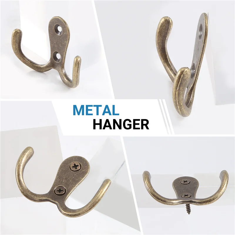 A43T 2 X Screw Hook Retro Metal Double Hook Metal Wall Mount Hanger Coat Antique Bronze For Hats
