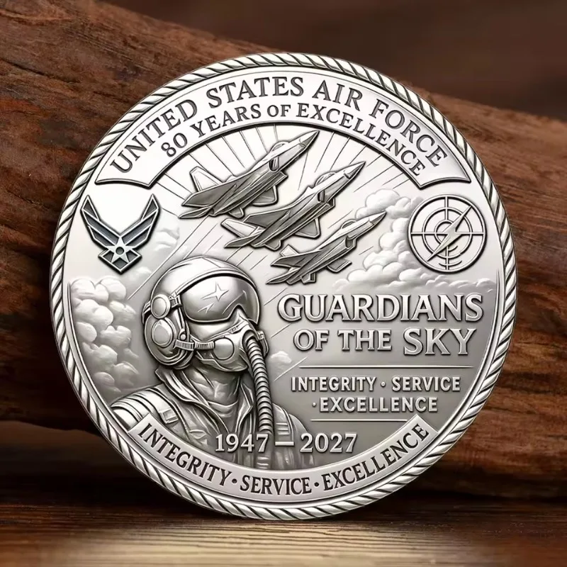 US Air Force 80th Anniversary 2D UV Challenge Coin Guardians of The Sky Fighter Jet Silvery Plated Commemorative Token