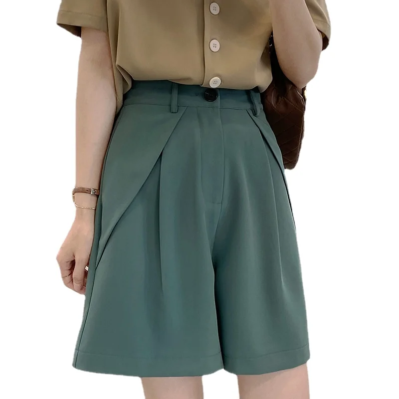 Summer Women's Shorts Casual Loose with Belt Wide Leg Shorts Woman Korean Pockets Office Knee-Length Short Pants