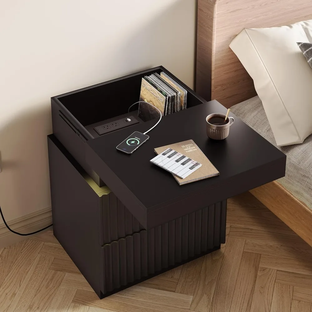 مجموعة منضدة LED حديثة مكونة من قطعتين مع قاعدة شحن وأدراج وقميص منزلق للتخزين بجانب السرير والراحة #5