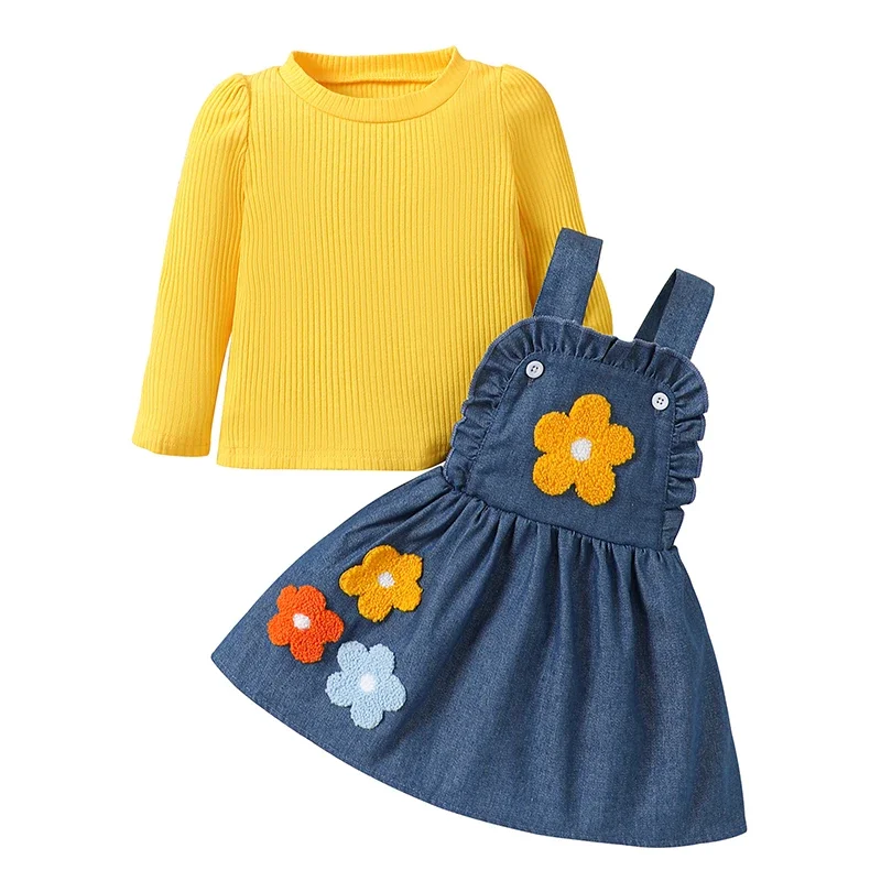 1-6years Girl Spring Fall Outfits Ribbed Knit Long Sleeve Tops Flower Embroidery Overalls Dress 2pcs Clothes Set For Girls