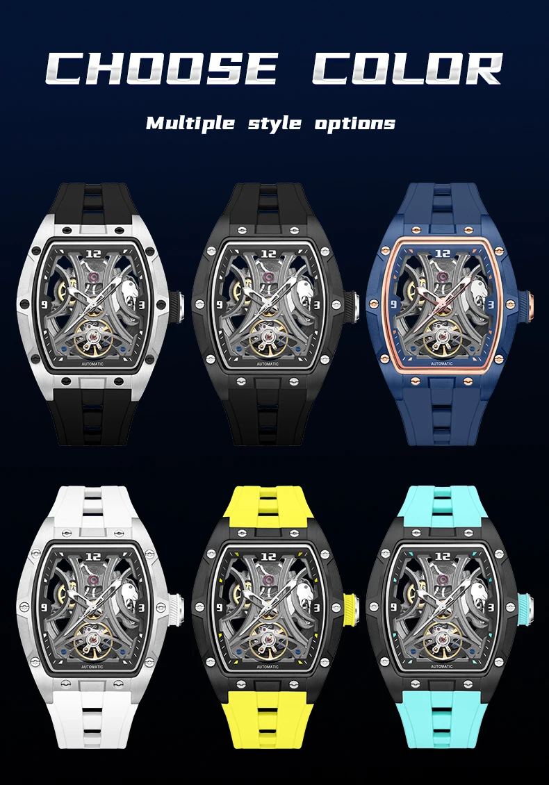 MEGIR Sport-Stil, automatische mechanische Uhr für Herren, voll hohl, transparentes Zifferblatt-Design, Edelstahlgehäuse, Silikonarmband – Detail 18