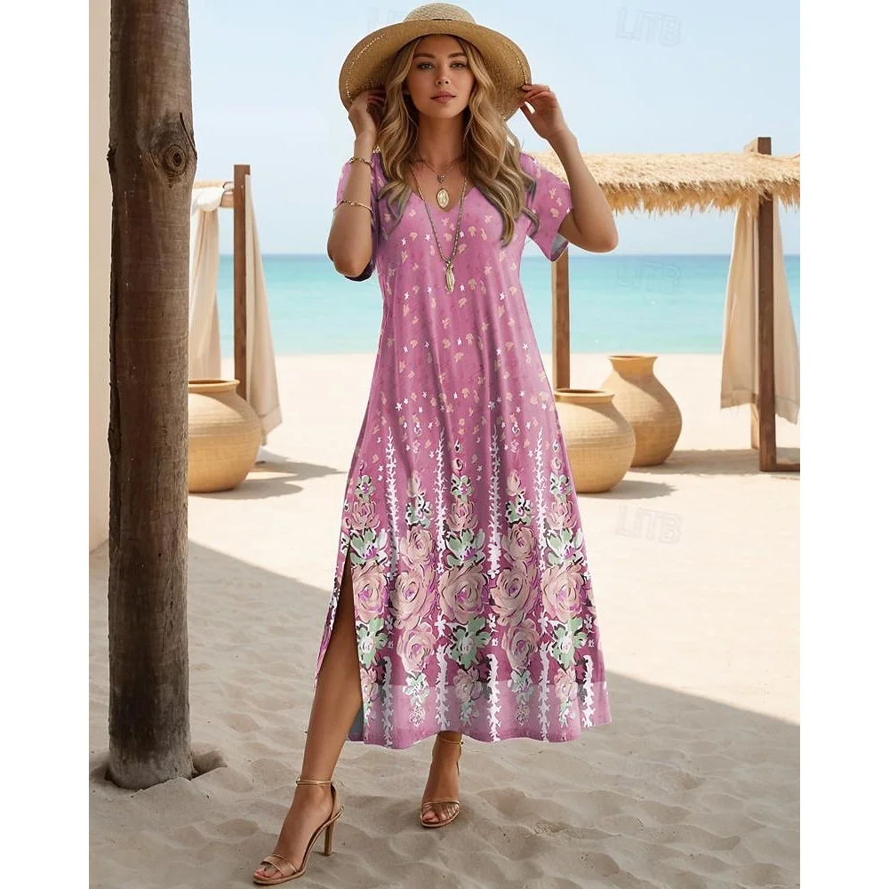 Elegant Dresses For Women Holiday V-Neck Long Dress 3d Vintage Flowers Print Short Sleeve Slit Skirt Summer New Beach Dresses