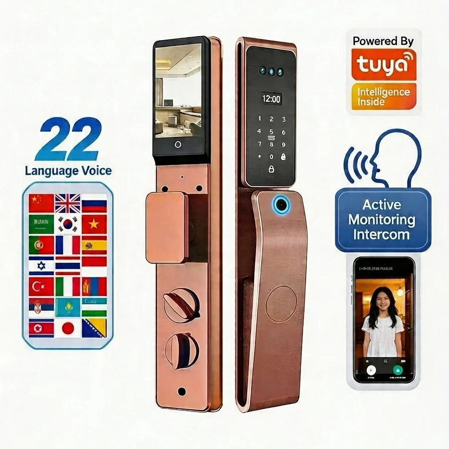 6590 Waterproof Smart Front Door Lock Tuya Remote Control 3D Face Recognition TTlock Fingerprint Wooden Smart Door Lock Home