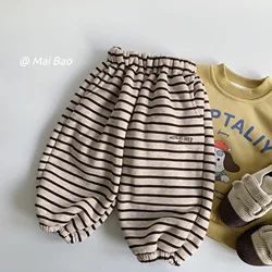 Children Clothes Kids Casual Pants 2024 Winter New Classic Striped Sweatpants Boys and Girls Loose Fleece Warm Kids Pants