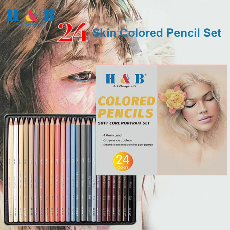 H & B Juego de 24 lápices de colores en tono de piel, Kit de pluma de dibujo artístico con núcleo de plomo suave de madera de 4,0mm, papelería para colorear de cómic de paisaje de retrato