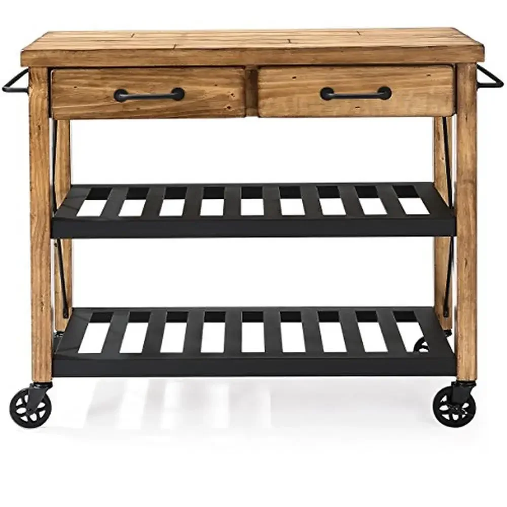 Industrial Rolling Kitchen Cart with Solid Pine Top and Steel Shelves Two Drawers Natural Wood Veneer Construction Heavy Duty image 5
