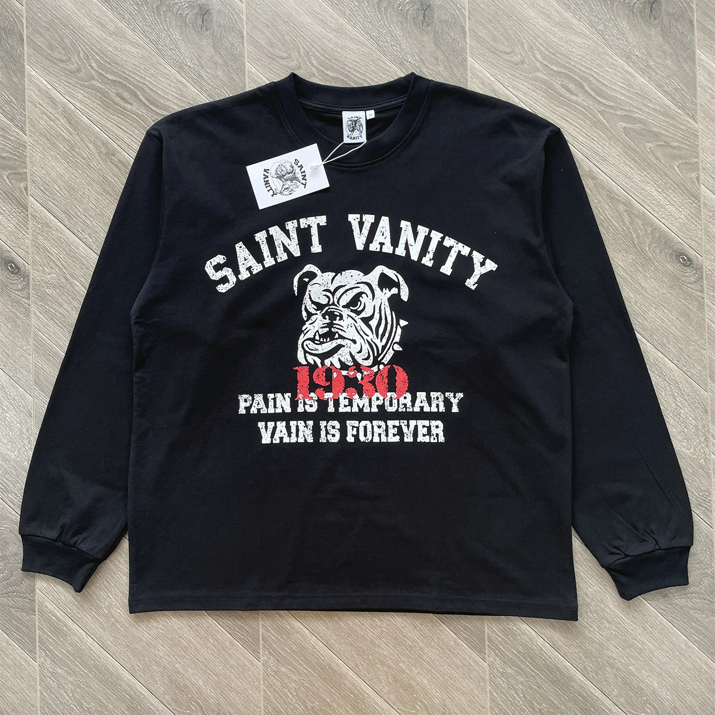 Long Sleeve SAINT VANITY Bulldog Graphic Print T Shirt Men Women Black Crewneck Clothes High Quality Streetwear Loose Jumper