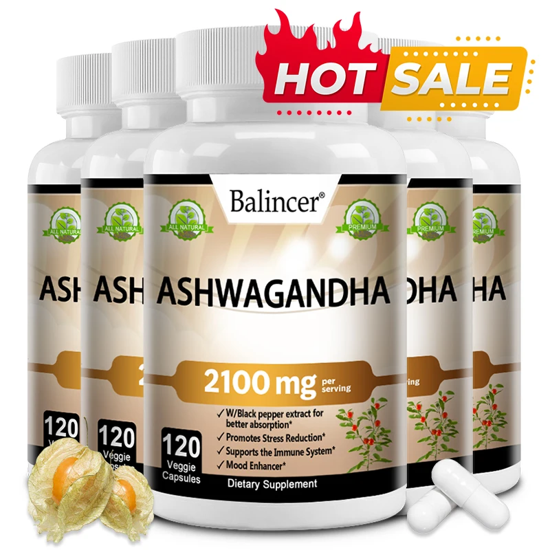 Ashwagandha 2100mg with Black Pepper Extract, Stress Relief Mood Sleep Support, Energy Focus Immune Booster, Non-GMO Vegan