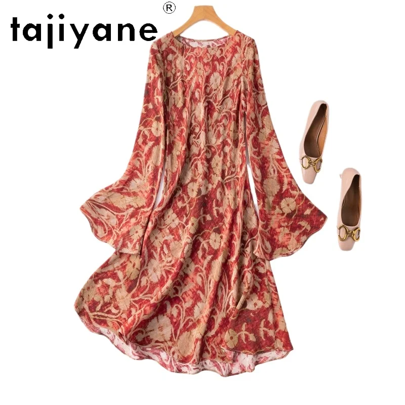 TAJIYANE 100% Mulberry Silk Dresses for Women Retro Flared Sleeves Long Dress Spring Vacation Frocks 2026 Woman Clothes vestidos