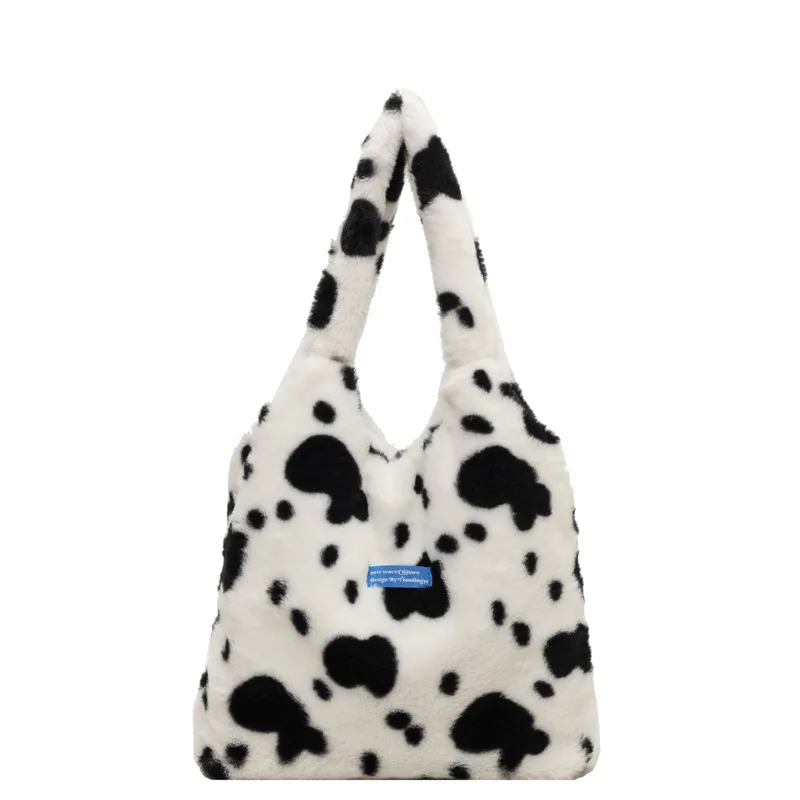 

Зимняя плюшевая большая сумка с коровьим принтом, модная простая сумка с леопардовым принтом, мягкая большая вместительная сумка на плечо с магнитной застежкой