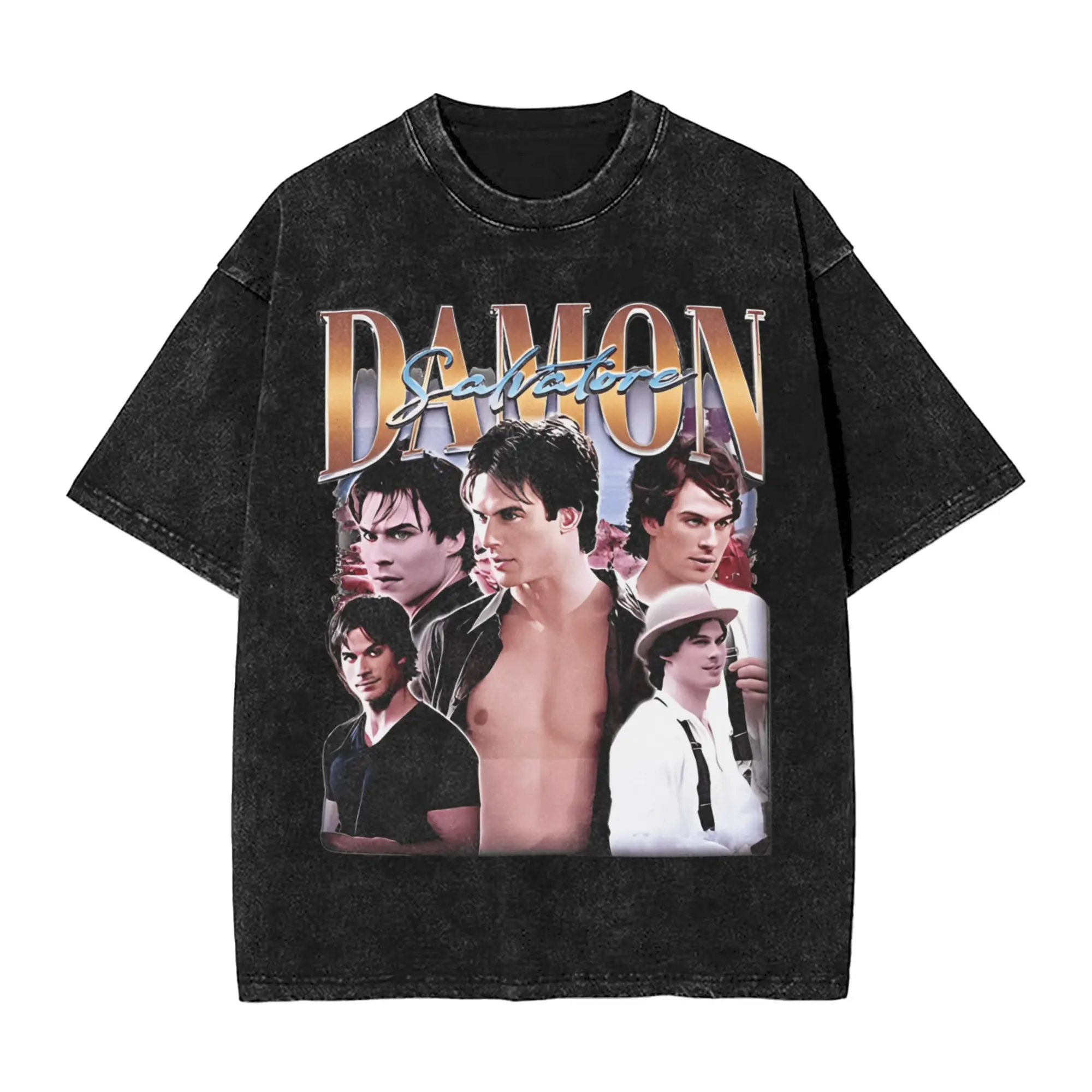 

Vintage Damon Salvatore T-Shirts for Men Crew Neck Pure Cotton Washed T Shirts Short Sleeve Tees Graphic Printed Clothes