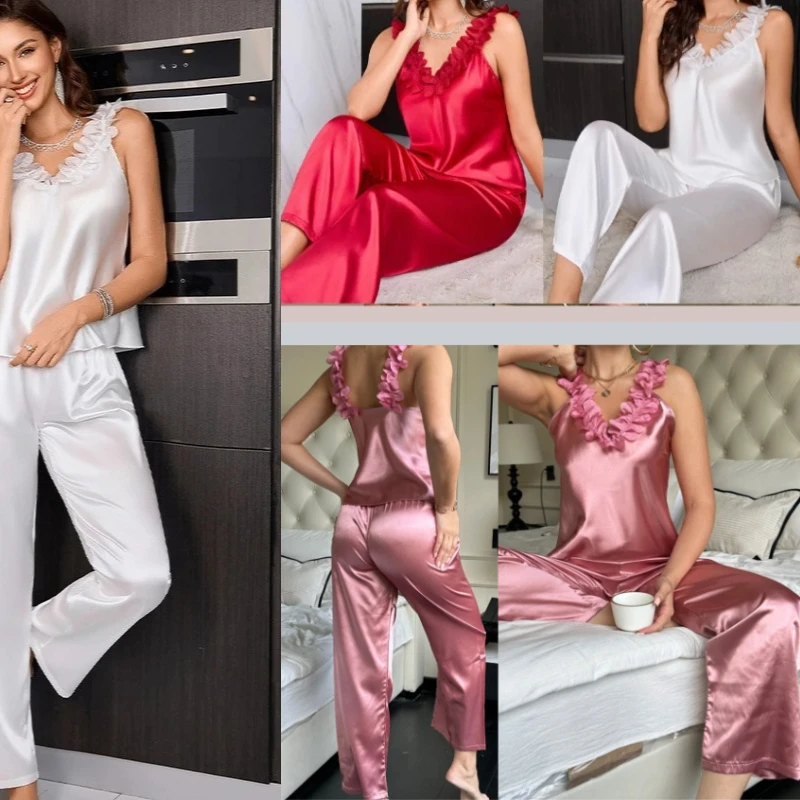 

Summer Pajamas Set Women Lace Sleepwear Pyjamas Lingerie Sexy Nightwear Strap Top&Trousers Sleep Suit Satin Home Clothing