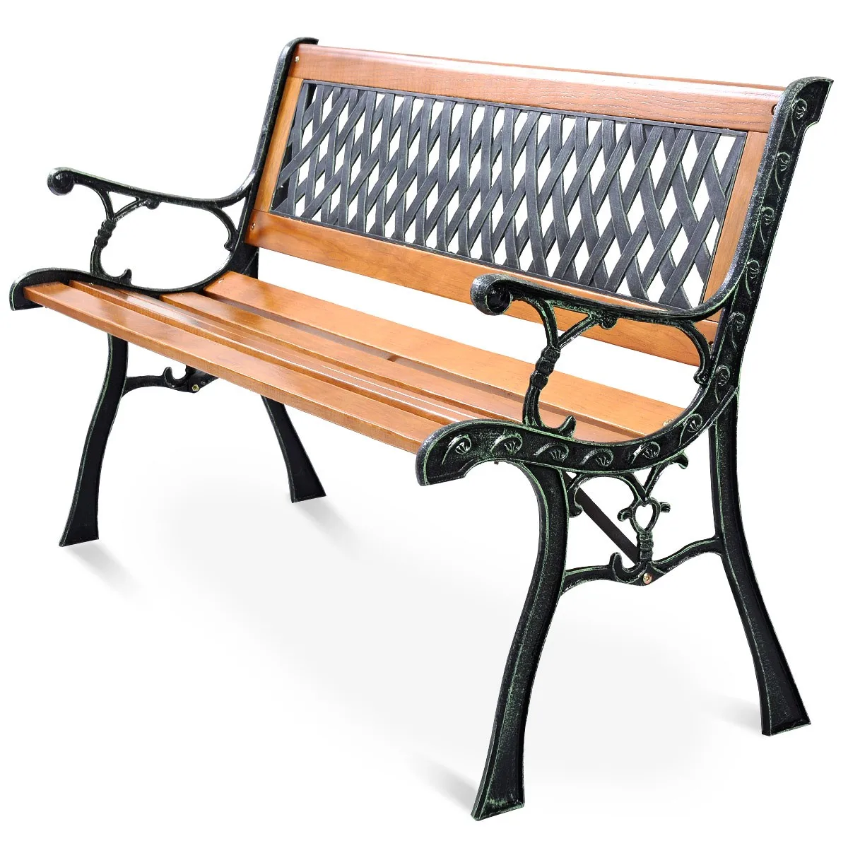 

Outdoor Garden Bench Patio Park Porch Chair Cast Iron Hardwood Deck Resting Path Furniture Yard Seating Metal Wood