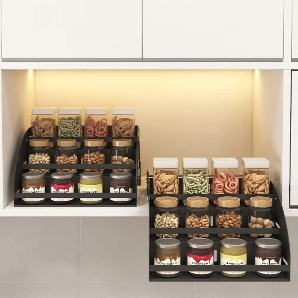 Stainless Steel 3-Tier Pull Down Spice Rack Retractable Anti Deformation Pull Down Spice Rack Space Saving Strong Load-bearing