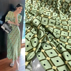 Fashion Luxury Geometric Square Green Pattern 100% Silk Stretch Satin Fabric Digital Printing Clothing Skirt Textile Div Fabric