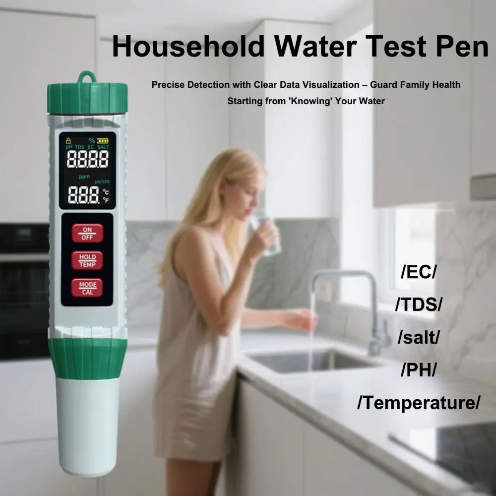 

LCD Digital Display Household Water Test Pen Waterproof High Accuracy Digital PH Meter 5-in-1 Multifunction Water Quality Meter