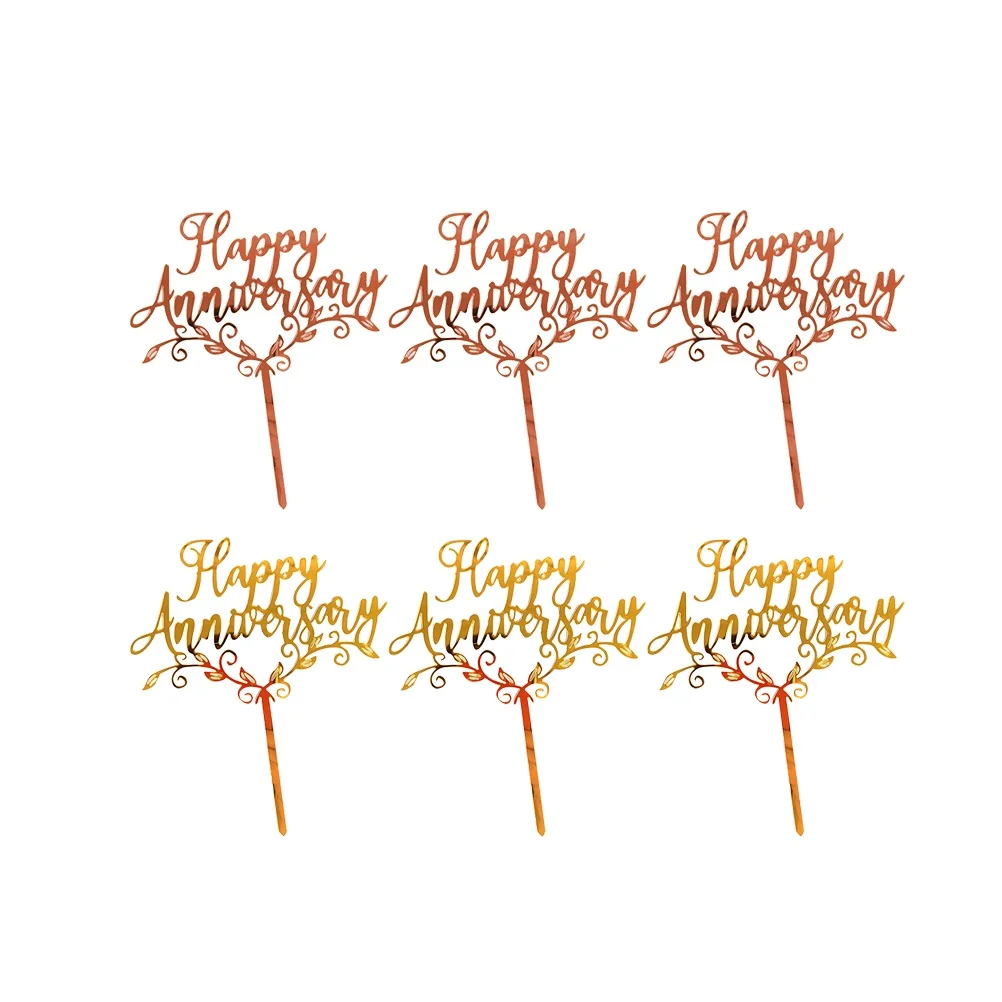

6Pcs Wedding Memorial Cake Toppers Golden Rose Gold Glitter Happy Anniversary Letters Acrylic Cake Decorations Cupcake Party