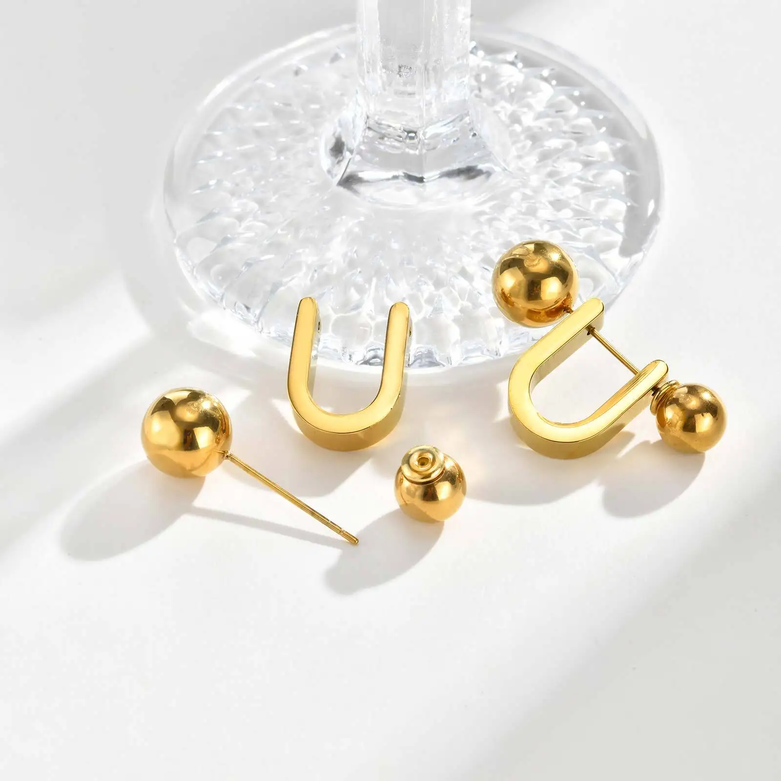 Unique U-Shape Hoop Earrings for Women, Stainless Steel Earring, Ball Piercing Ear Accessories - Image 4